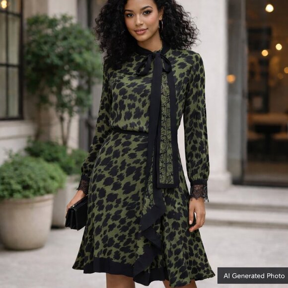 Reiss Dresses & Skirts - Reiss Katie Animal Print Flippy Dress Green Black Long Sleeve 4 NWT Office Party